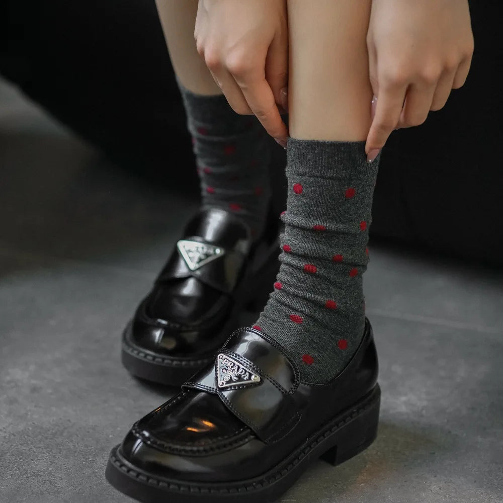 2025 New Women Socks Casual Fashion Striped Red Gray Elastic Long Socks Women Polka Dot Harajuku Retro Cotton Middle-tube Socks