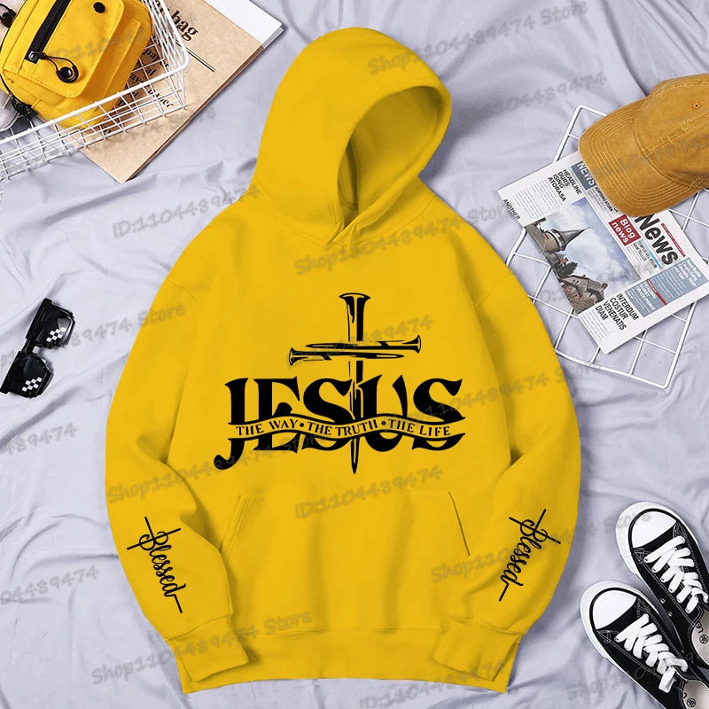 Christian Jesus The Way The Truth The Life Printed Hoodie Men's Streetwear Vintage Cross Faith Religious Sportswear Casual Hoody