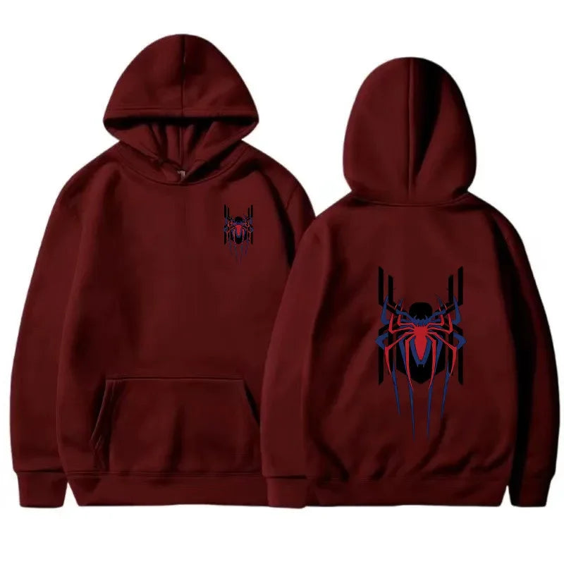 2025 New Men's Hoodie Street Fashion Deep Red Spider Print Sweatshirt Brushed Fleece Women's Casual Fun Loose Hoodie Men's Wear