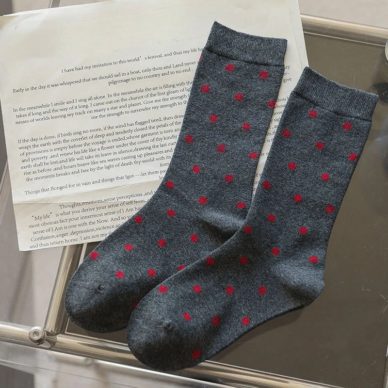 2025 New Women Socks Casual Fashion Striped Red Gray Elastic Long Socks Women Polka Dot Harajuku Retro Cotton Middle-tube Socks