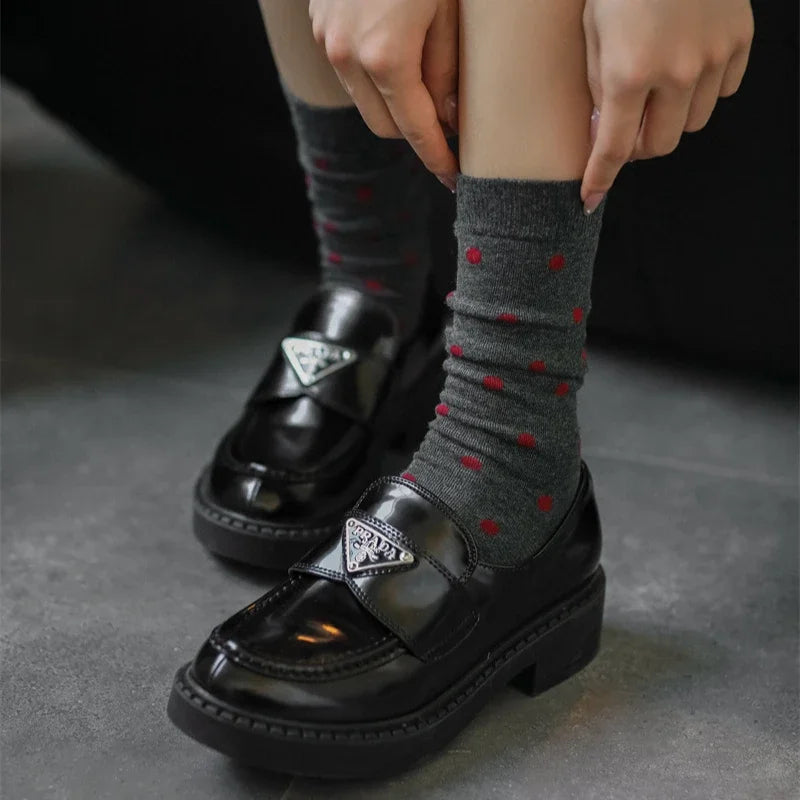 2025 New Women Socks Casual Fashion Striped Red Gray Elastic Long Socks Women Polka Dot Harajuku Retro Cotton Middle-tube Socks