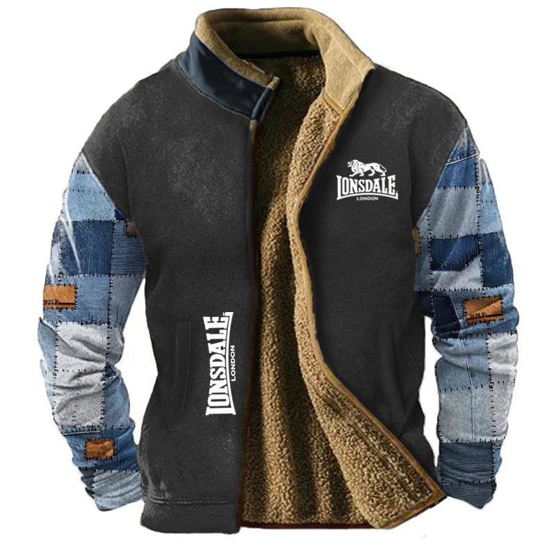 LONSDALE fur collared cotton jacket for men in winter, with added plush and thick Hong Kong style retro trend, loose and casual