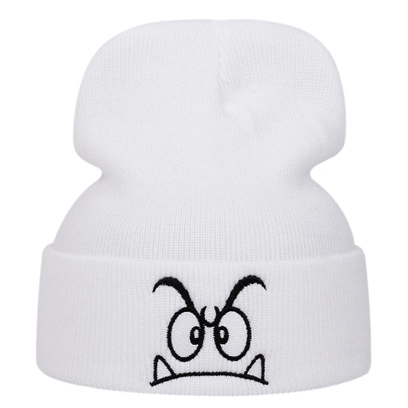 Angry expression embroidered knitted hat, warm woolen hat for men's and women's outdoor sports events in autumn and winter