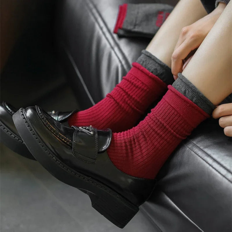 2025 New Women Socks Casual Fashion Striped Red Gray Elastic Long Socks Women Polka Dot Harajuku Retro Cotton Middle-tube Socks