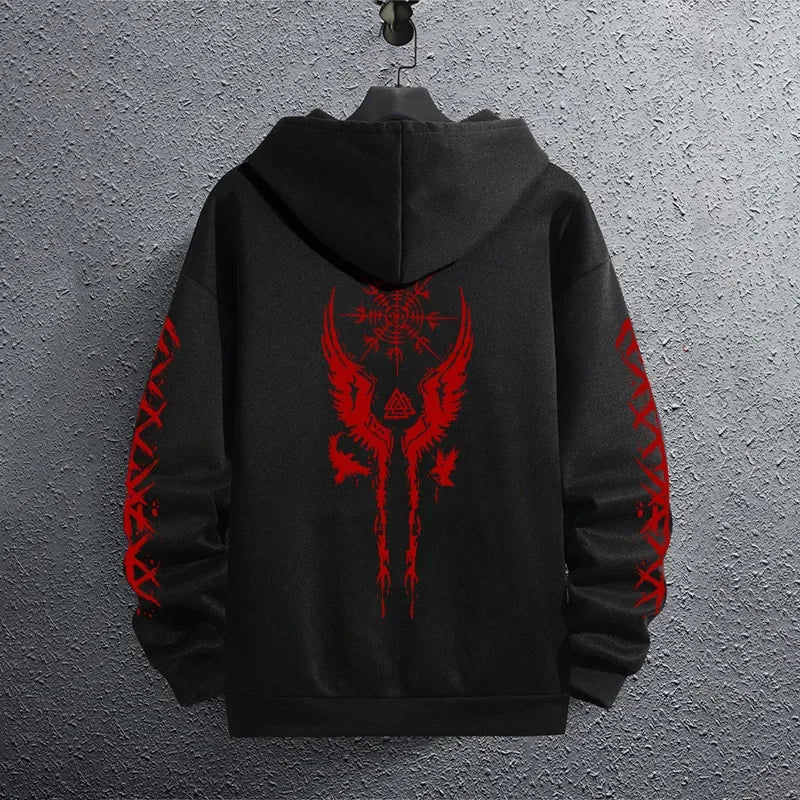 2025 Brand New Black Sweatshirts Autumn Winter Male Daily Casual Sporty Jogging Hoodie Men's Ancient Viking Raven Print Pullover