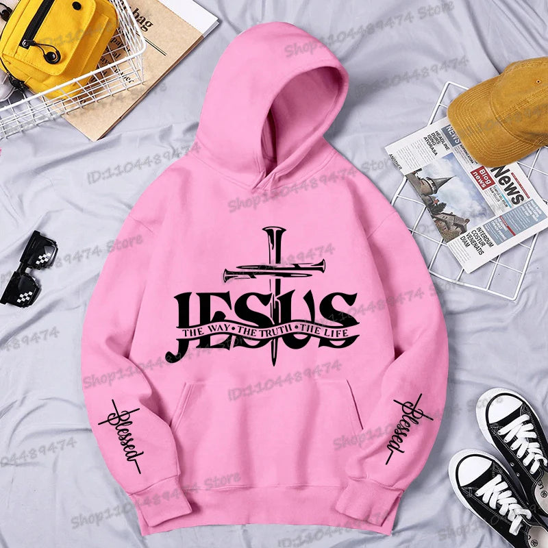 Christian Jesus The Way The Truth The Life Printed Hoodie Men's Streetwear Vintage Cross Faith Religious Sportswear Casual Hoody