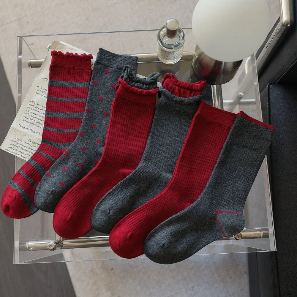 2025 New Women Socks Casual Fashion Striped Red Gray Elastic Long Socks Women Polka Dot Harajuku Retro Cotton Middle-tube Socks