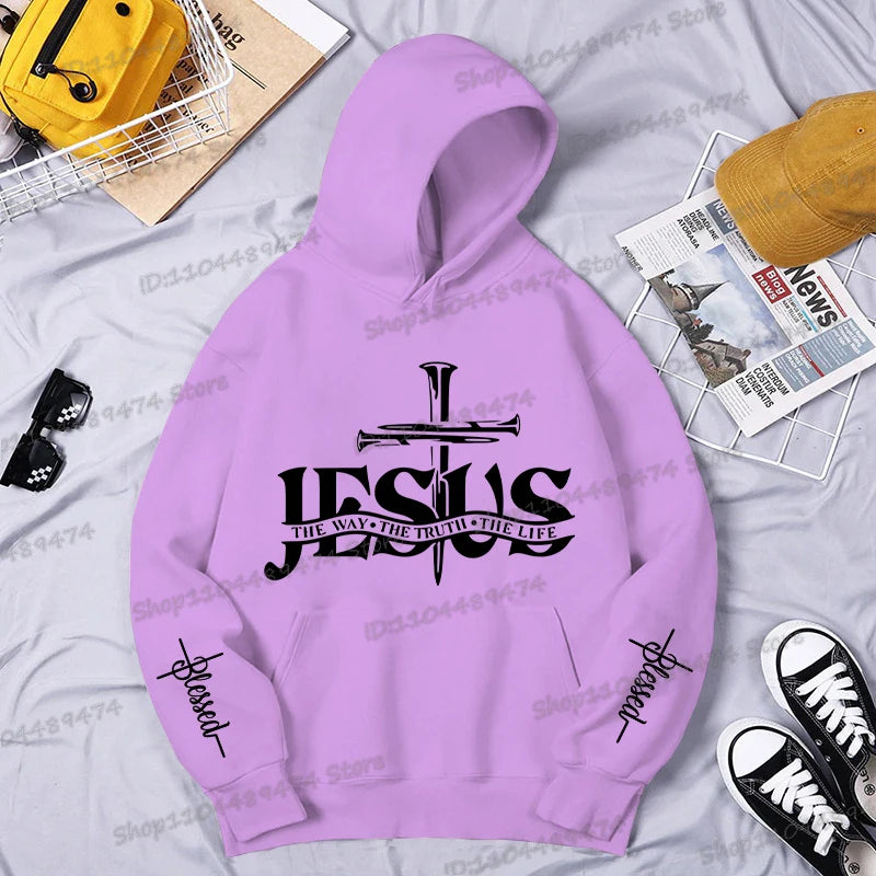Christian Jesus The Way The Truth The Life Printed Hoodie Men's Streetwear Vintage Cross Faith Religious Sportswear Casual Hoody