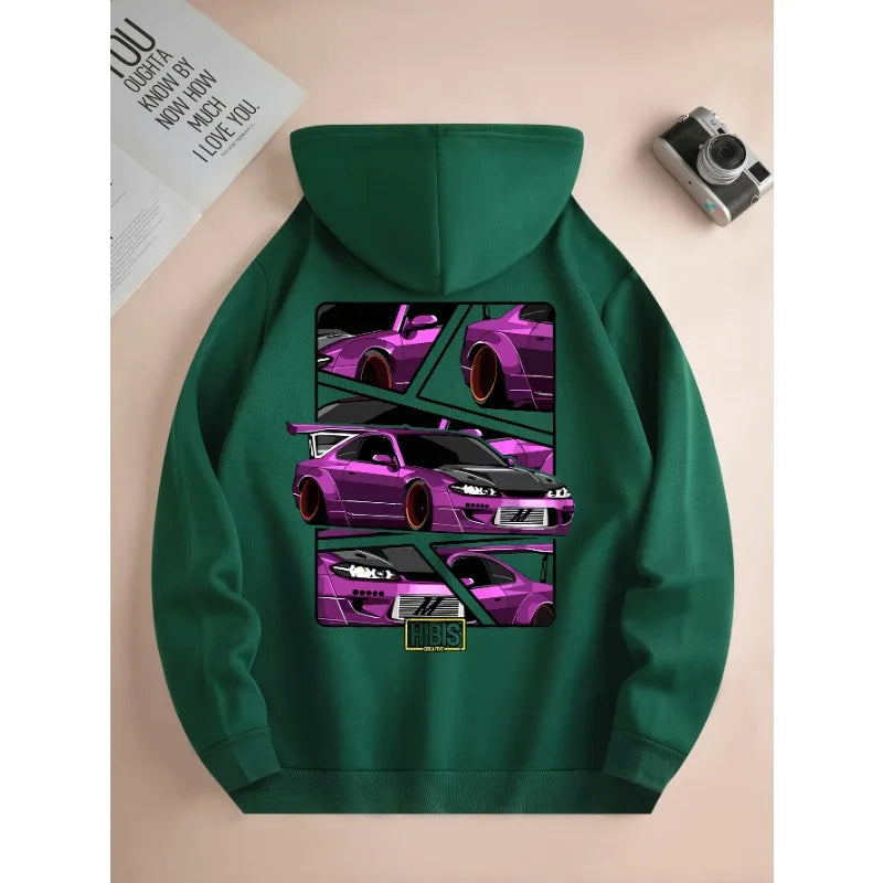 Men's new fashion hoodie, casual daily drawstring hooded sweatshirt car print, front kangaroo pocket, men's jacket
