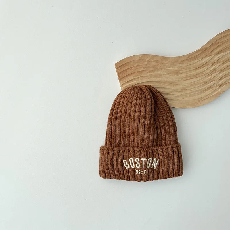New BOSTON Letter Baby Hat Winter Warm Baby Boys Girls Hat Bonnet Soft Ear Protection Infant Toddler Knitted Kids Cap Beanies
