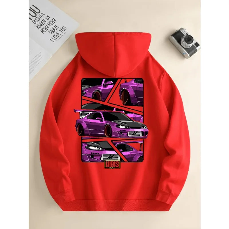 Men's new fashion hoodie, casual daily drawstring hooded sweatshirt car print, front kangaroo pocket, men's jacket