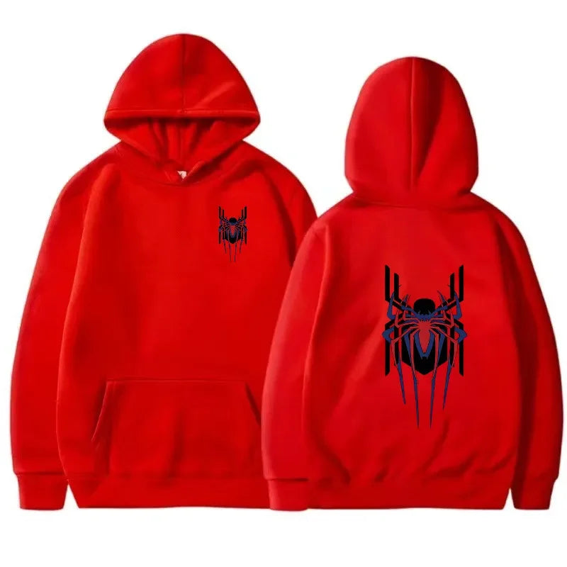 2025 New Men's Hoodie Street Fashion Deep Red Spider Print Sweatshirt Brushed Fleece Women's Casual Fun Loose Hoodie Men's Wear