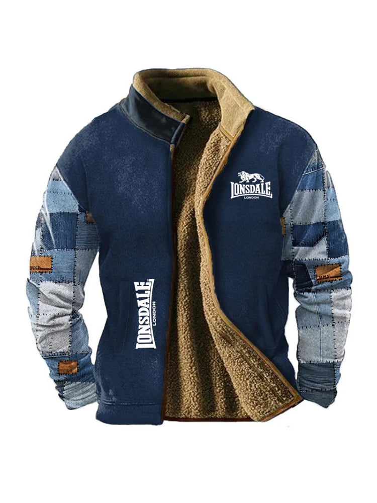 LONSDALE fur collared cotton jacket for men in winter, with added plush and thick Hong Kong style retro trend, loose and casual