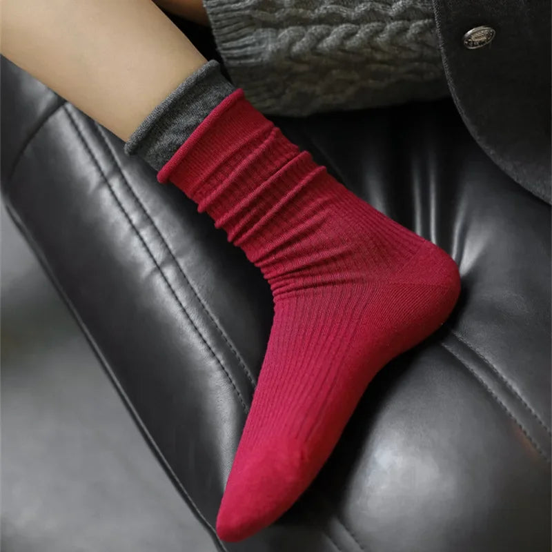 2025 New Women Socks Casual Fashion Striped Red Gray Elastic Long Socks Women Polka Dot Harajuku Retro Cotton Middle-tube Socks