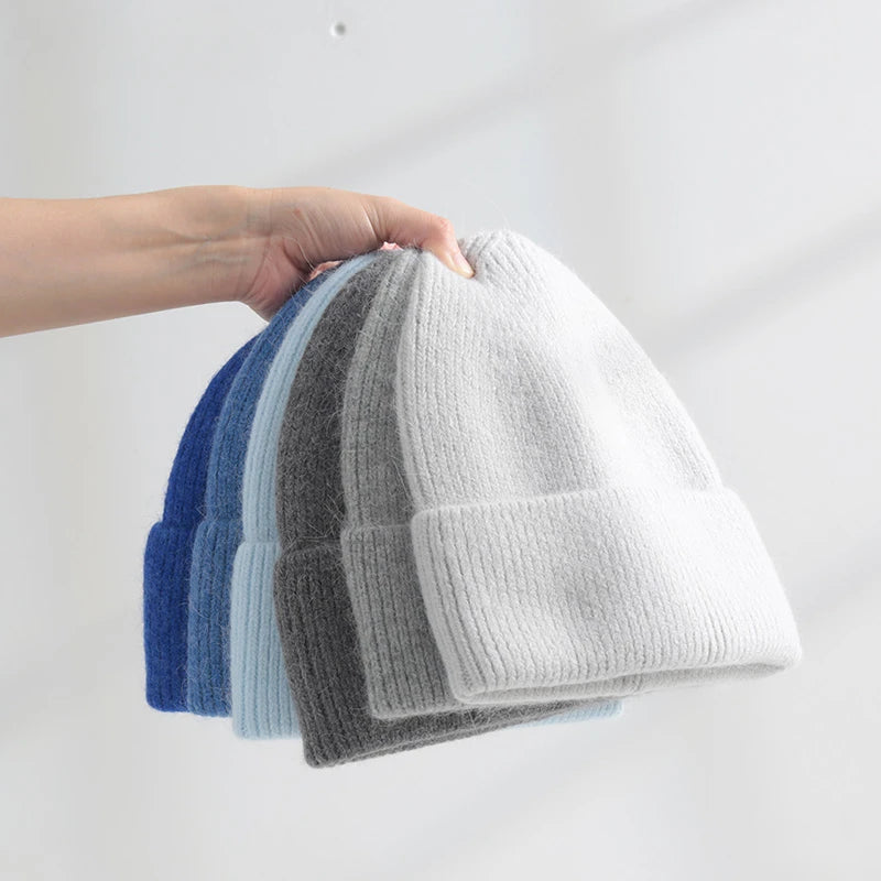 Fluffy Angora Hat Rabbit Fur Warm Winter hat For Womans Cashmere Wool Soft Beanies Blue Knitted Hat Outdoor Ski Female