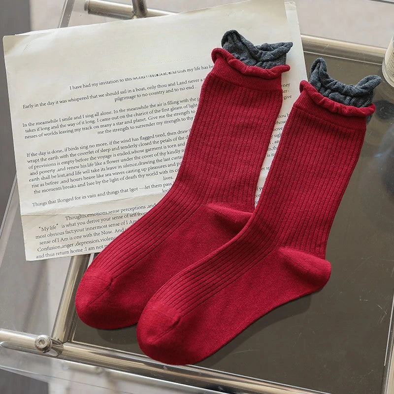 2025 New Women Socks Casual Fashion Striped Red Gray Elastic Long Socks Women Polka Dot Harajuku Retro Cotton Middle-tube Socks