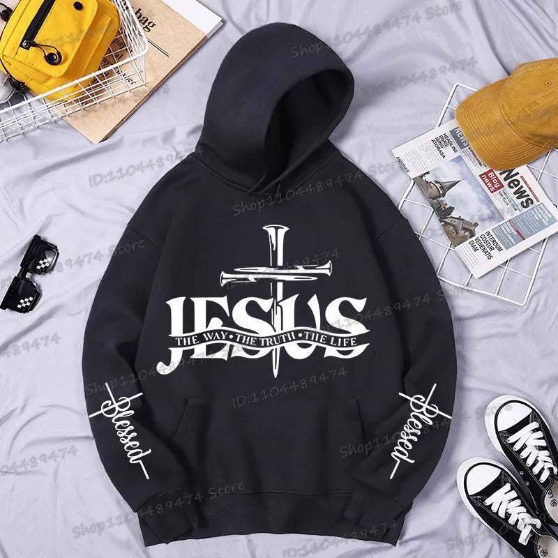 Christian Jesus The Way The Truth The Life Printed Hoodie Men's Streetwear Vintage Cross Faith Religious Sportswear Casual Hoody