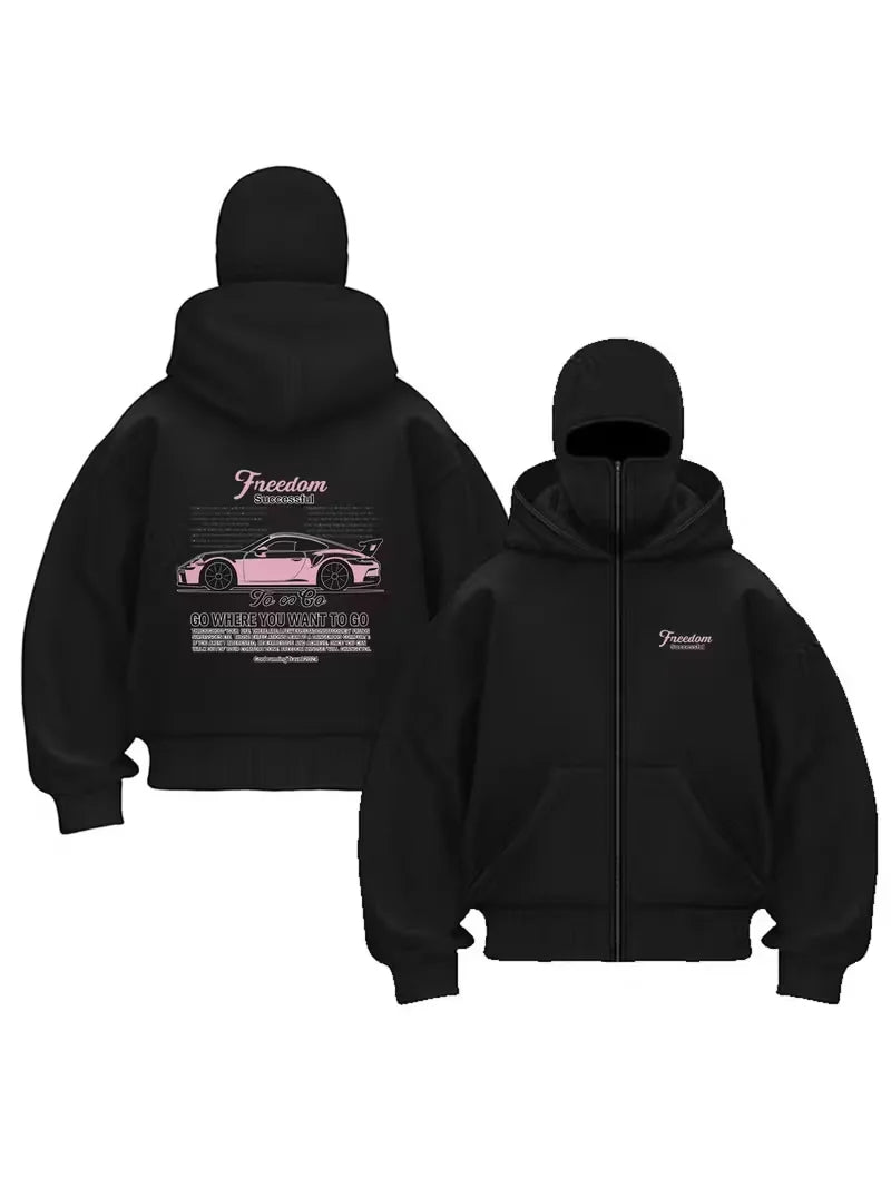 2025 Men's hoodie, double-layer cap, pink car sports and fitness hoodie with letters, high-end and fashionable zipper hoodie for