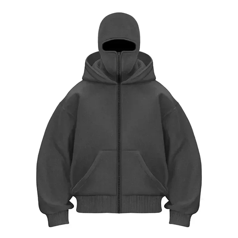 Balaclava Men Zip Hoodie Winter Warm Casual Sweatshirt Y2K with Hooded Face Mask Zipper Design Sports Jacket Outdoor Activities