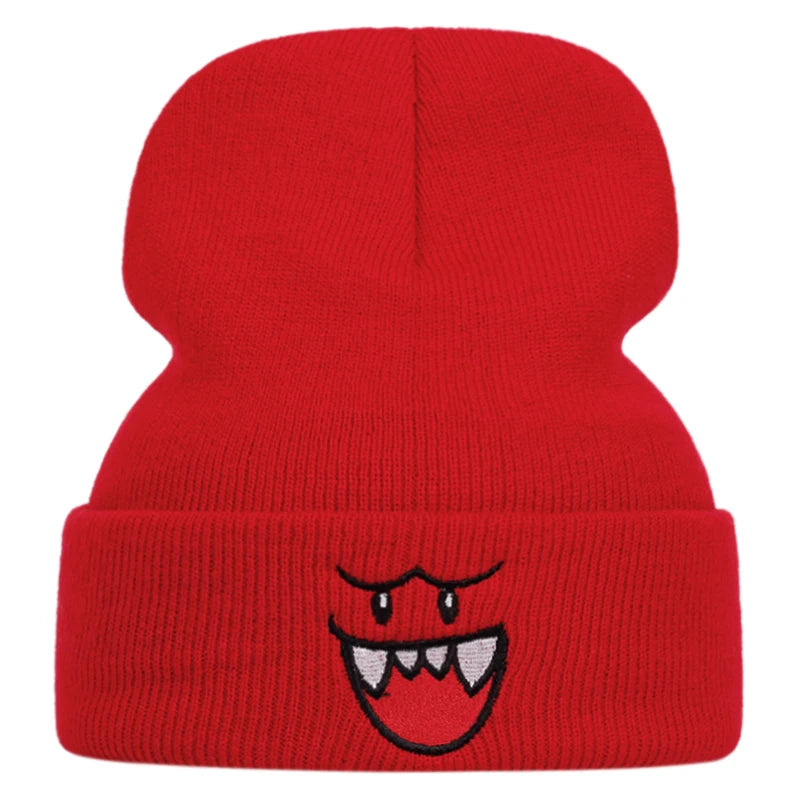 Happy Face embroidered knitted hat, autumn and winter couple outdoor sports event casual warm woolen hat, bean hat
