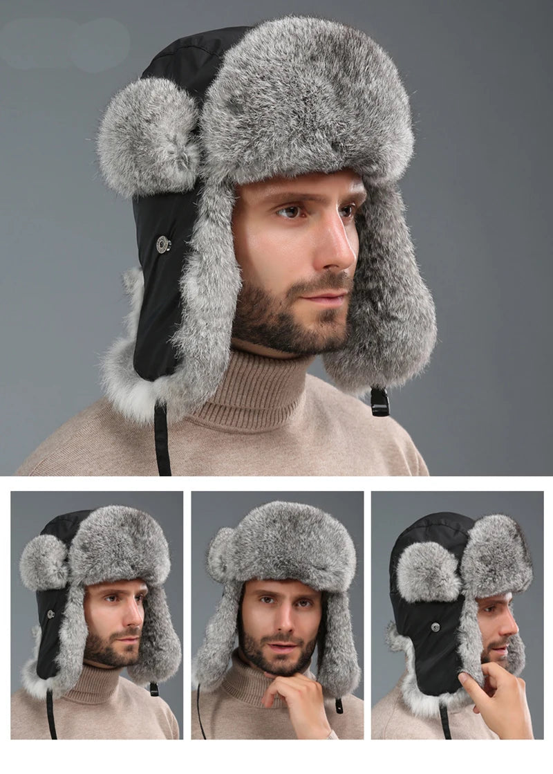 2025 New Winter Hat For Men Real Rabbit Fur Ear Cap Warm Winter Men Hat Fur Beret Russian Hats High Quality to Keep Warm