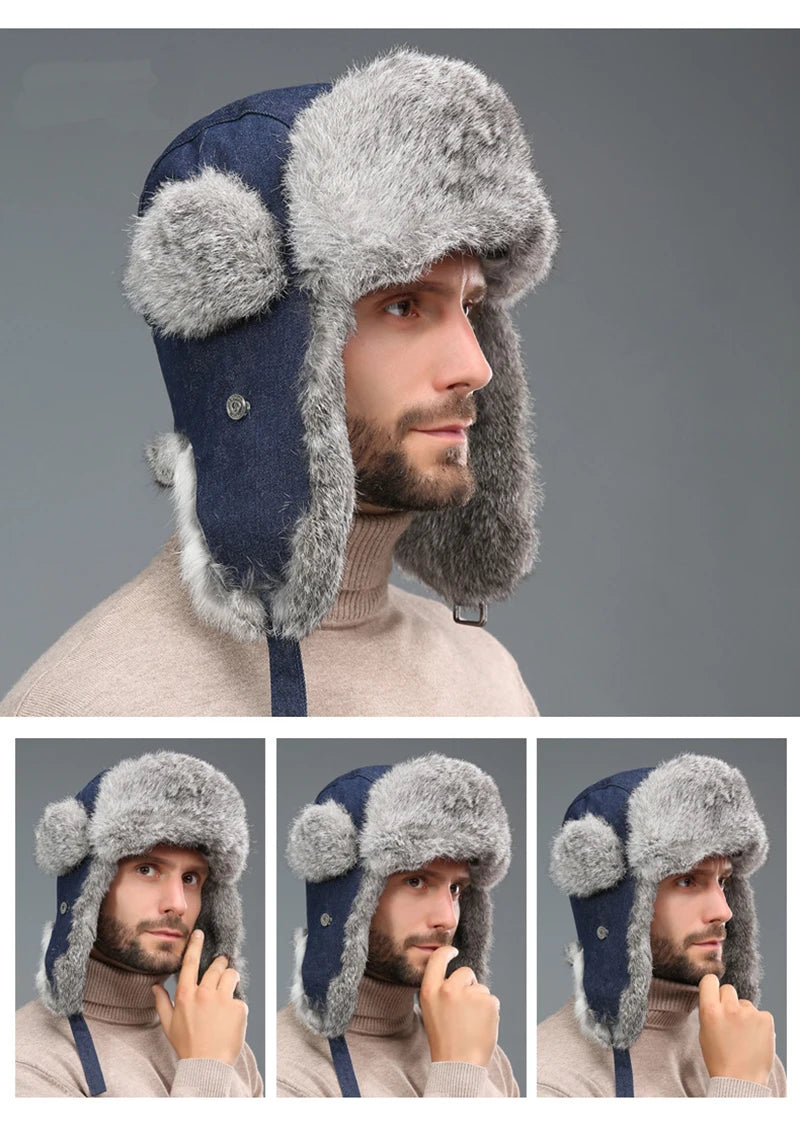 2025 New Winter Hat For Men Real Rabbit Fur Ear Cap Warm Winter Men Hat Fur Beret Russian Hats High Quality to Keep Warm