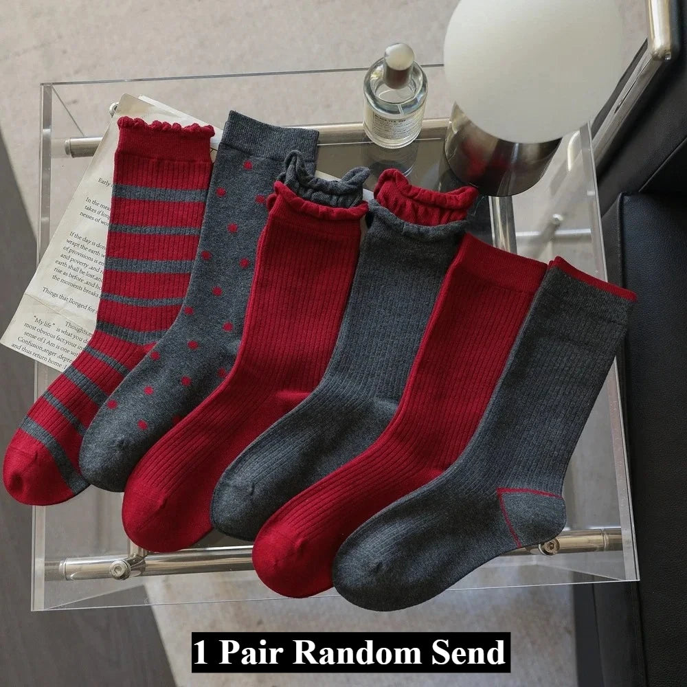 2025 New Women Socks Casual Fashion Striped Red Gray Elastic Long Socks Women Polka Dot Harajuku Retro Cotton Middle-tube Socks