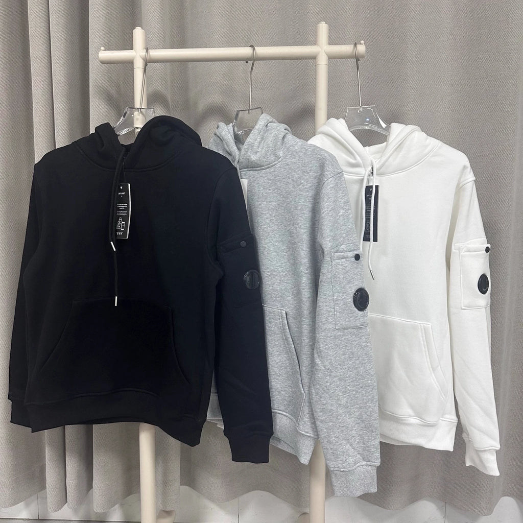 CP cardigan with fleece hooded sweatshirt solid color casual couple lens badge Y2K jacket for men