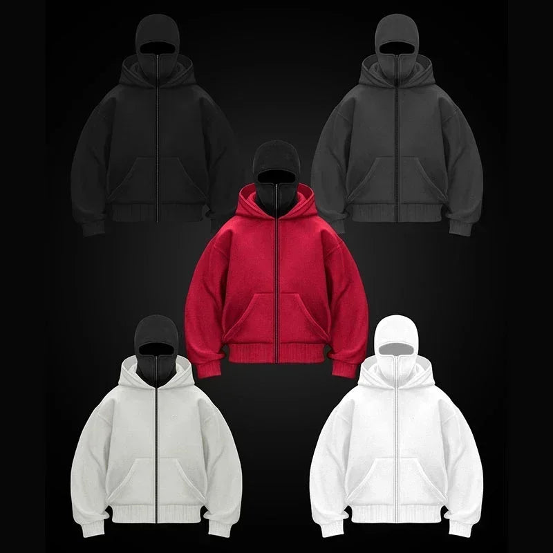 Balaclava Men Zip Hoodie Winter Warm Casual Sweatshirt Y2K with Hooded Face Mask Zipper Design Sports Jacket Outdoor Activities