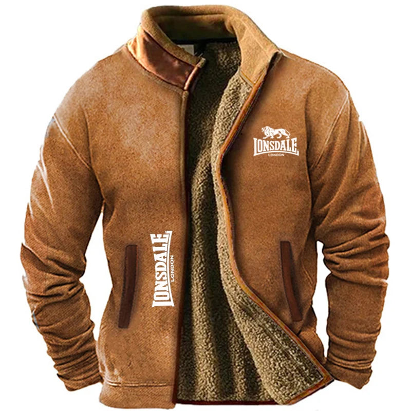 LONSDALE fur collared cotton jacket for men in winter, with added plush and thick Hong Kong style retro trend, loose and casual