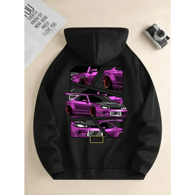 Men's new fashion hoodie, casual daily drawstring hooded sweatshirt car print, front kangaroo pocket, men's jacket