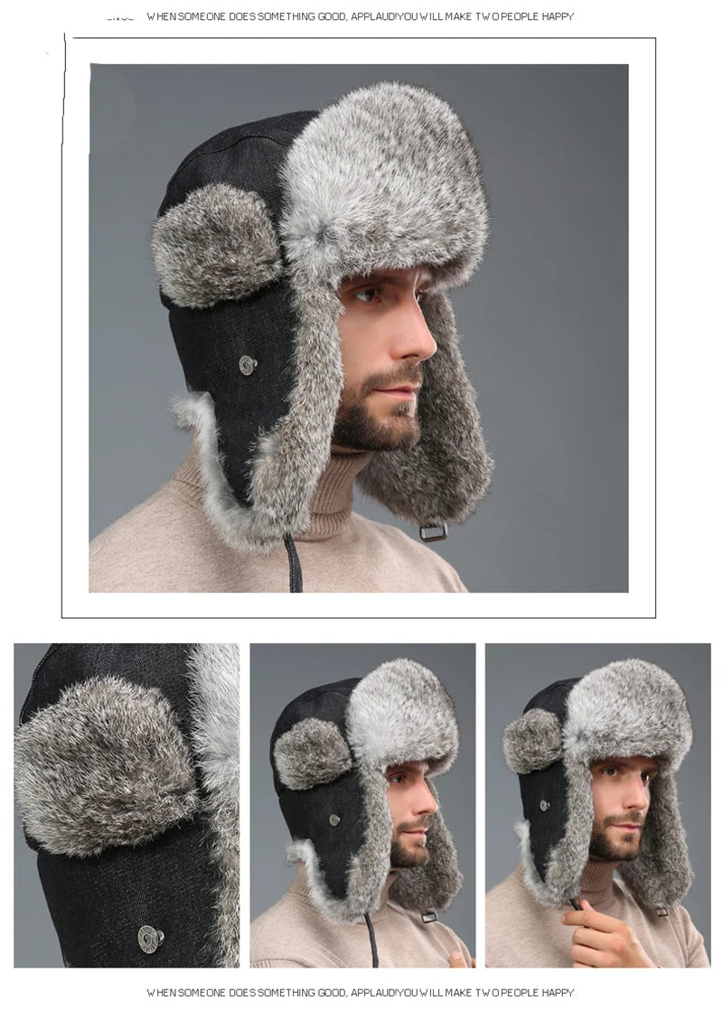2025 New Winter Hat For Men Real Rabbit Fur Ear Cap Warm Winter Men Hat Fur Beret Russian Hats High Quality to Keep Warm
