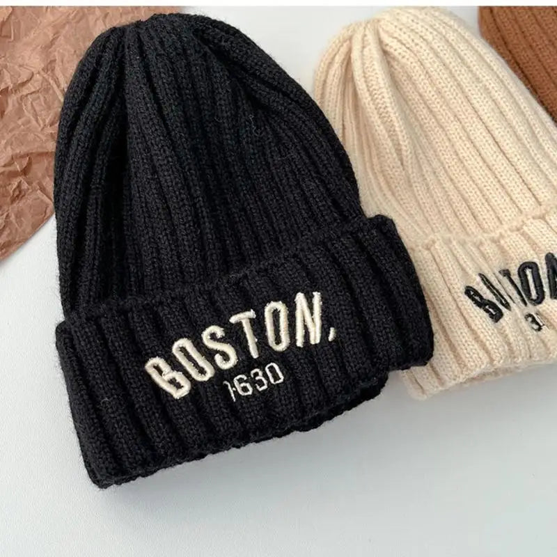 New BOSTON Letter Baby Hat Winter Warm Baby Boys Girls Hat Bonnet Soft Ear Protection Infant Toddler Knitted Kids Cap Beanies