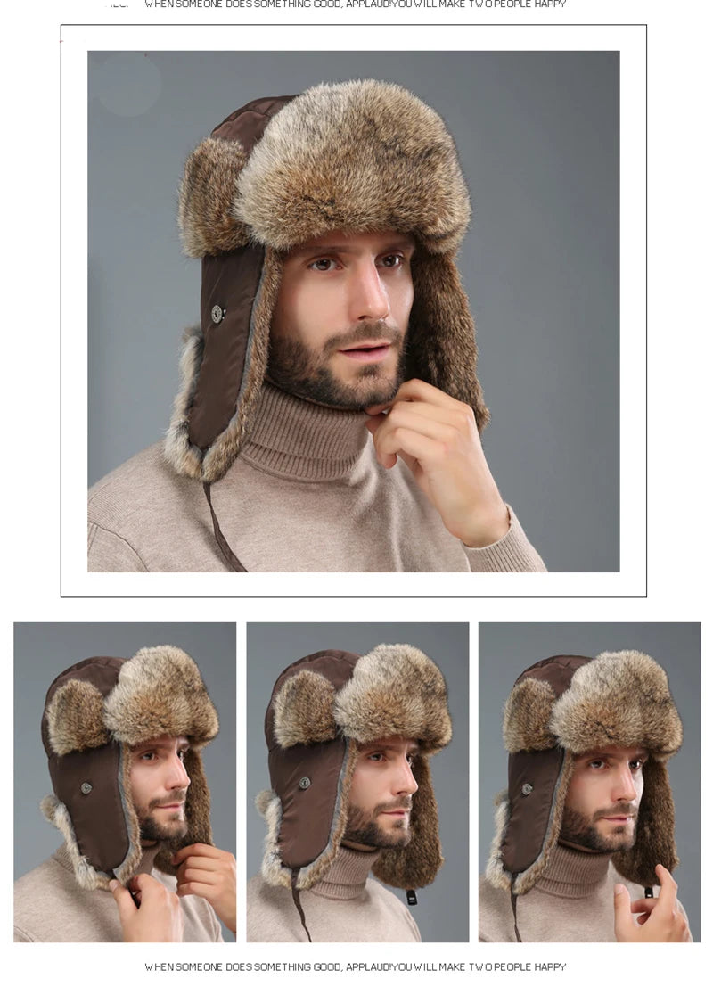 2025 New Winter Hat For Men Real Rabbit Fur Ear Cap Warm Winter Men Hat Fur Beret Russian Hats High Quality to Keep Warm