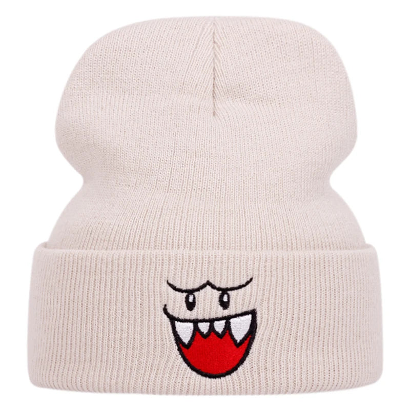 Happy Face embroidered knitted hat, autumn and winter couple outdoor sports event casual warm woolen hat, bean hat