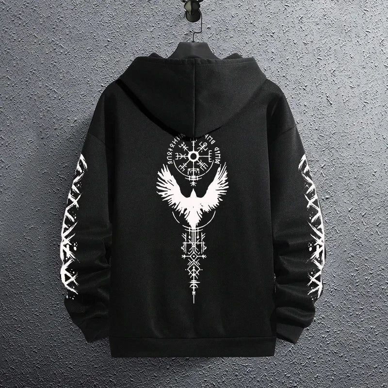2025 Brand New Black Sweatshirts Autumn Winter Male Daily Casual Sporty Jogging Hoodie Men's Ancient Viking Raven Print Pullover