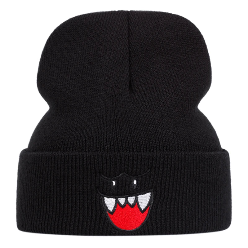 Happy Face embroidered knitted hat, autumn and winter couple outdoor sports event casual warm woolen hat, bean hat