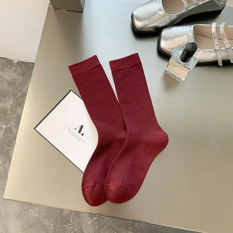 2025 New Women Socks Casual Fashion Striped Red Gray Elastic Long Socks Women Polka Dot Harajuku Retro Cotton Middle-tube Socks