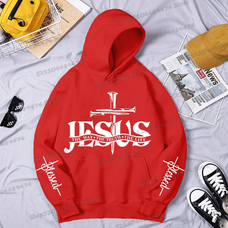 Christian Jesus The Way The Truth The Life Printed Hoodie Men's Streetwear Vintage Cross Faith Religious Sportswear Casual Hoody