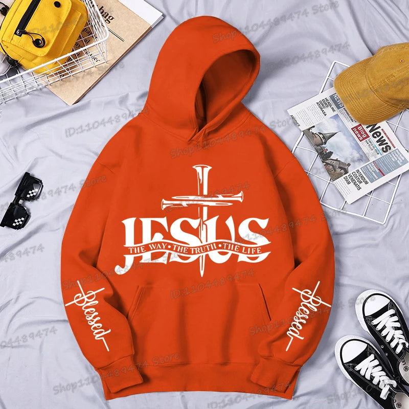Christian Jesus The Way The Truth The Life Printed Hoodie Men's Streetwear Vintage Cross Faith Religious Sportswear Casual Hoody