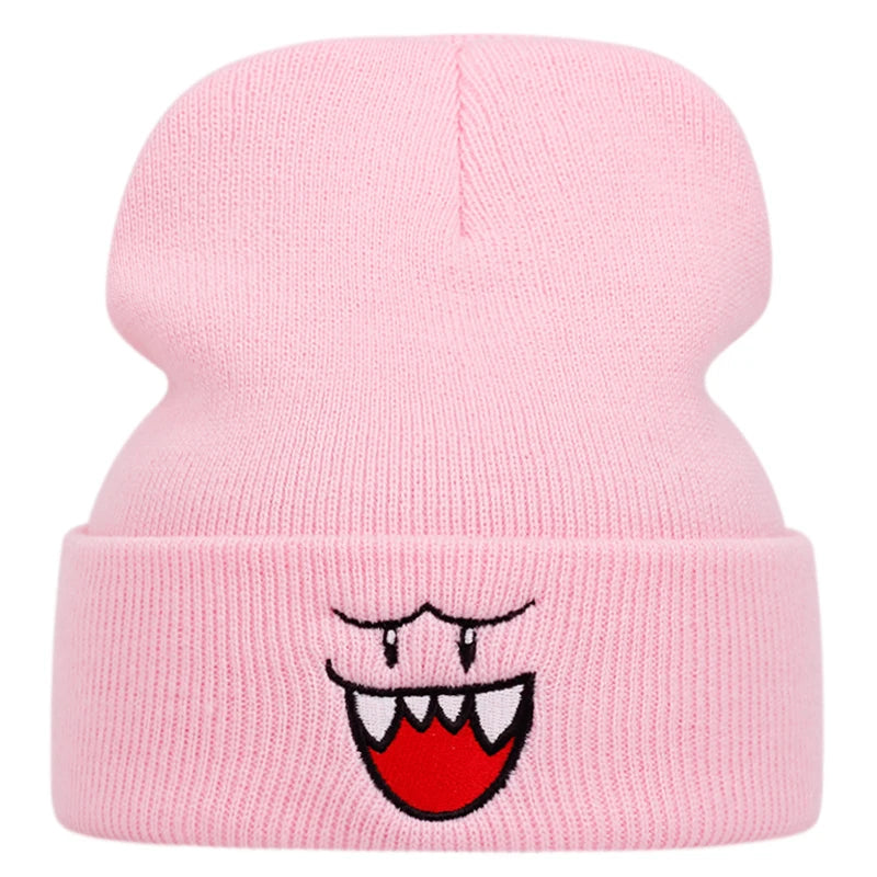 Happy Face embroidered knitted hat, autumn and winter couple outdoor sports event casual warm woolen hat, bean hat
