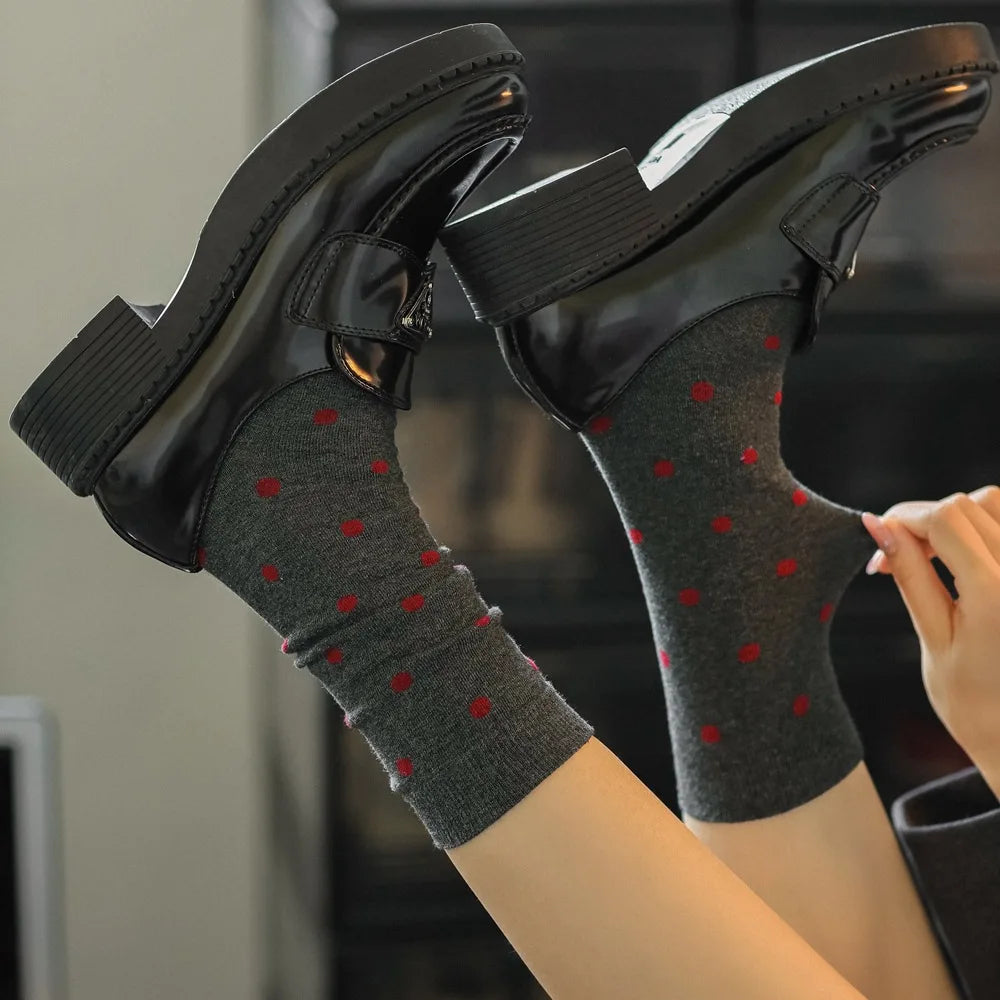 2025 New Women Socks Casual Fashion Striped Red Gray Elastic Long Socks Women Polka Dot Harajuku Retro Cotton Middle-tube Socks