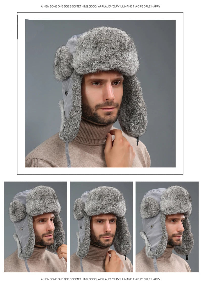 2025 New Winter Hat For Men Real Rabbit Fur Ear Cap Warm Winter Men Hat Fur Beret Russian Hats High Quality to Keep Warm