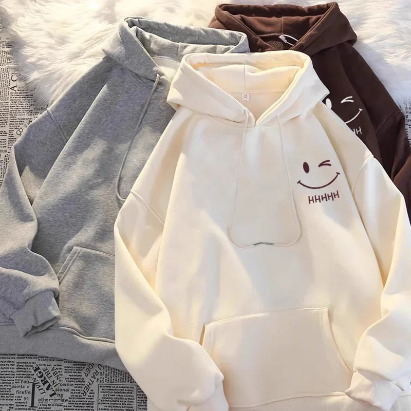 Men's Smiling Face Funny Fashion Couple Hooded Sweater American Heavyweight Loose Thickened Cashmere Boys' Hoodie Pullover Top