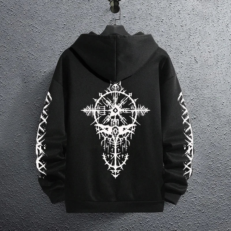 2025 Brand New Black Sweatshirts Autumn Winter Male Daily Casual Sporty Jogging Hoodie Men's Ancient Viking Raven Print Pullover