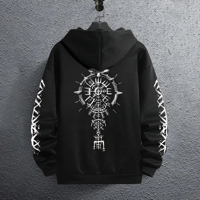 2025 Brand New Black Sweatshirts Autumn Winter Male Daily Casual Sporty Jogging Hoodie Men's Ancient Viking Raven Print Pullover