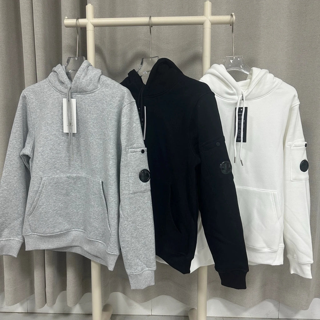 CP cardigan with fleece hooded sweatshirt solid color casual couple lens badge Y2K jacket for men