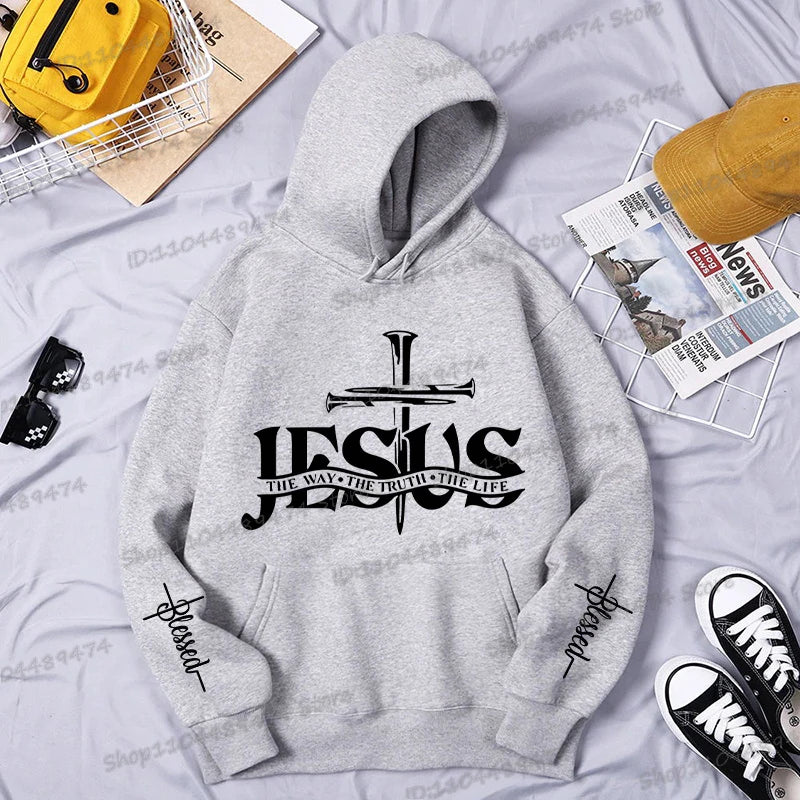 Christian Jesus The Way The Truth The Life Printed Hoodie Men's Streetwear Vintage Cross Faith Religious Sportswear Casual Hoody
