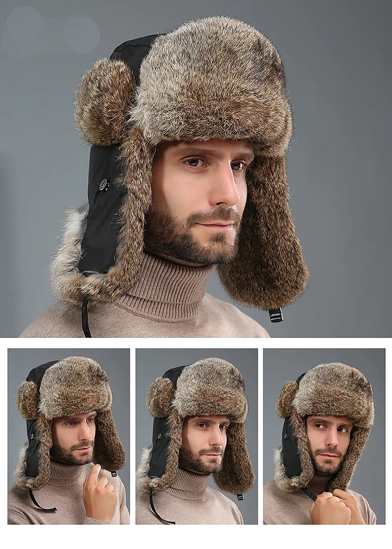 2025 New Winter Hat For Men Real Rabbit Fur Ear Cap Warm Winter Men Hat Fur Beret Russian Hats High Quality to Keep Warm