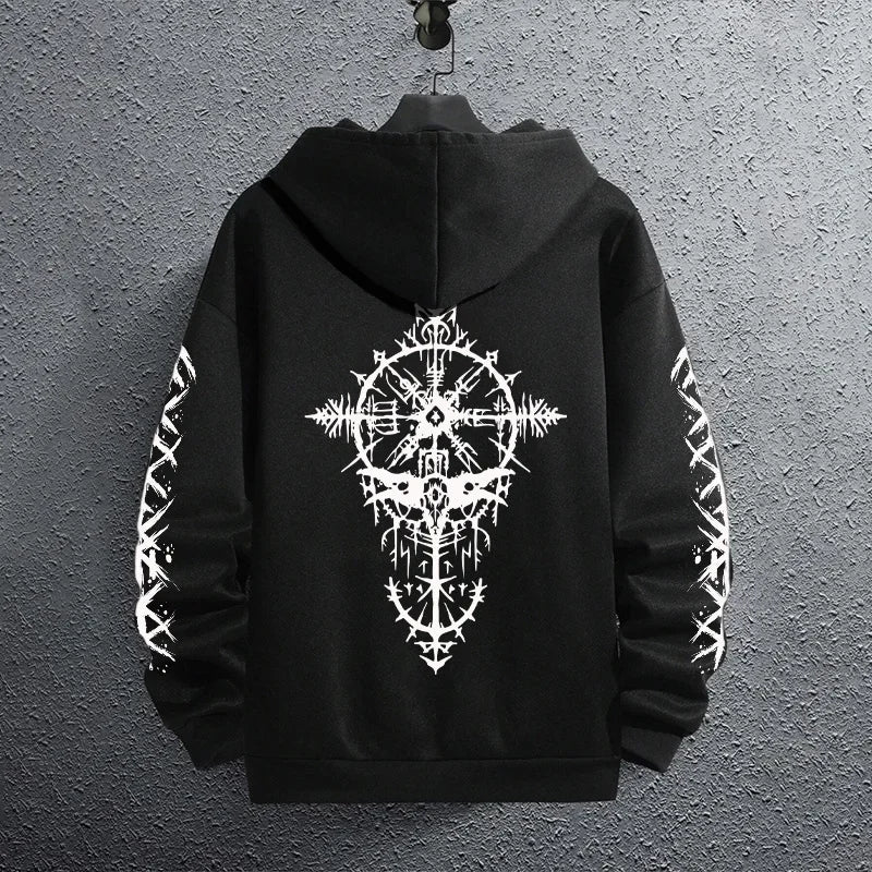2025 Brand New Black Sweatshirts Autumn Winter Male Daily Casual Sporty Jogging Hoodie Men's Ancient Viking Raven Print Pullover